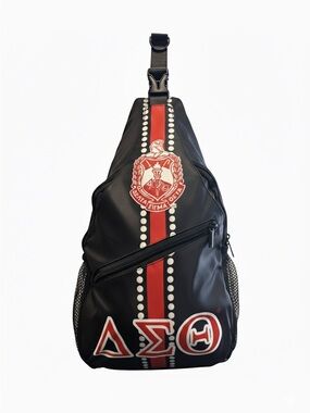Black and Red Sling Bag with Crest and Greek Letters